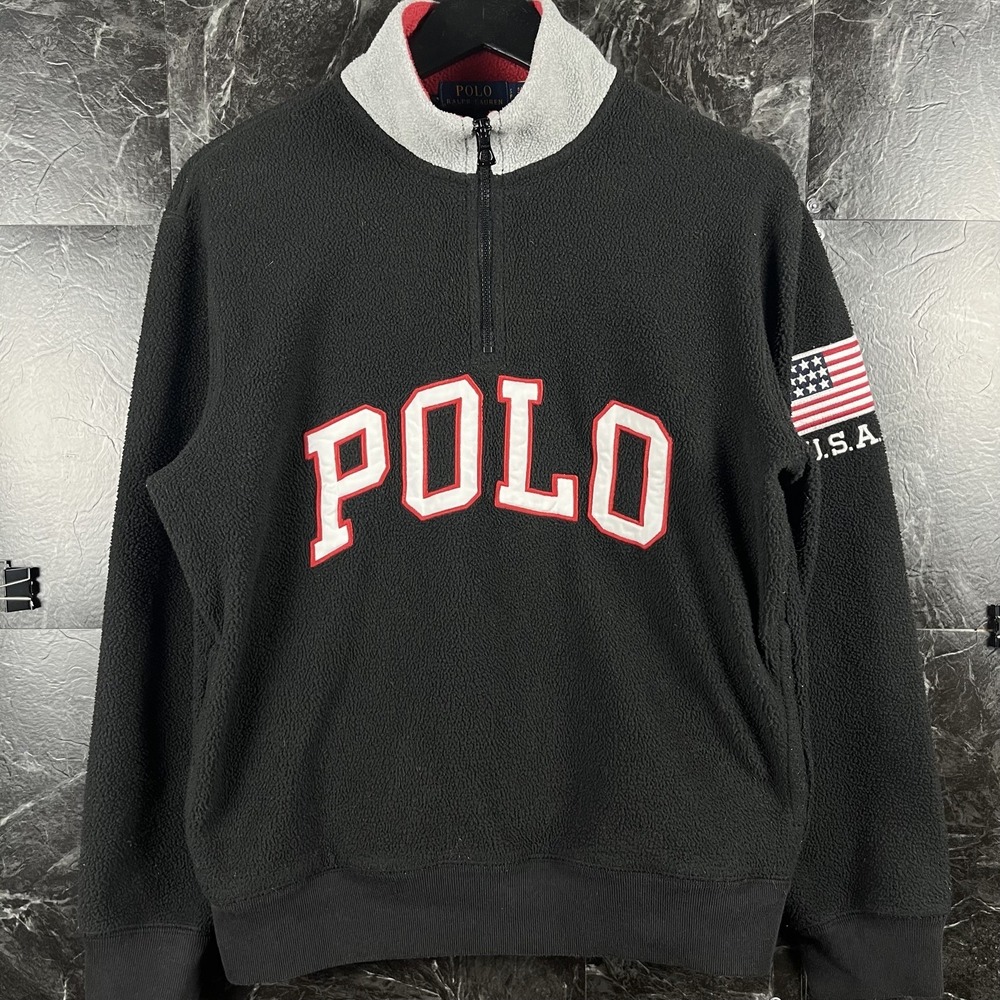 Polo Ralph Lauren Men's Black USA Flag Fleece Quarter Sweatshirt Small -Flaws